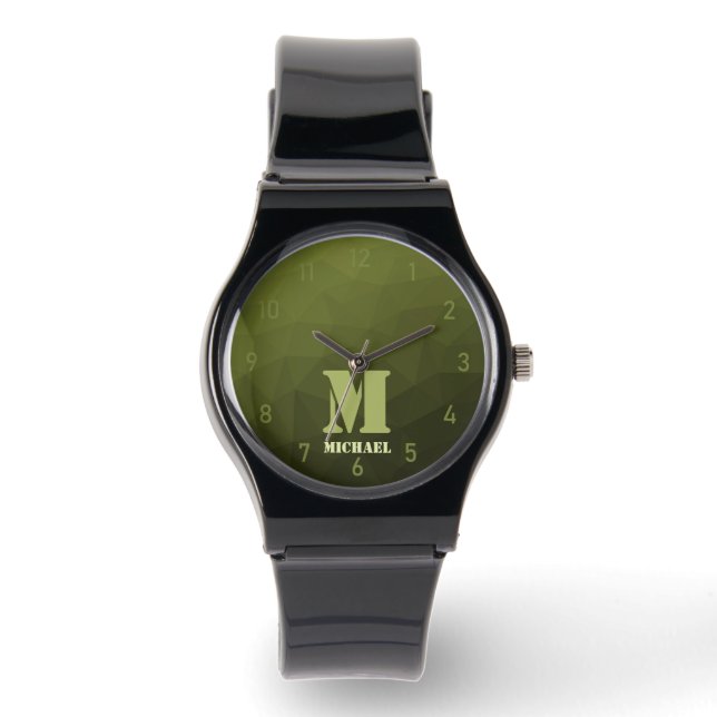 Army green olive geometric mesh pattern Monogram Watch (Front)