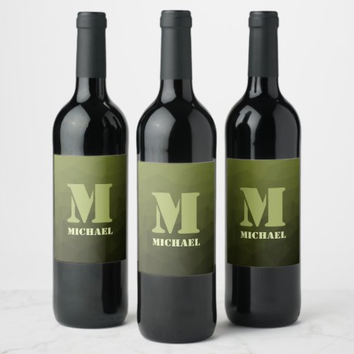 Army green olive geometric mesh pattern Monogram Wine Label