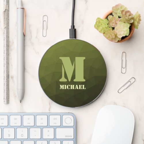Army green olive geometric mesh pattern Monogram Wireless Charger