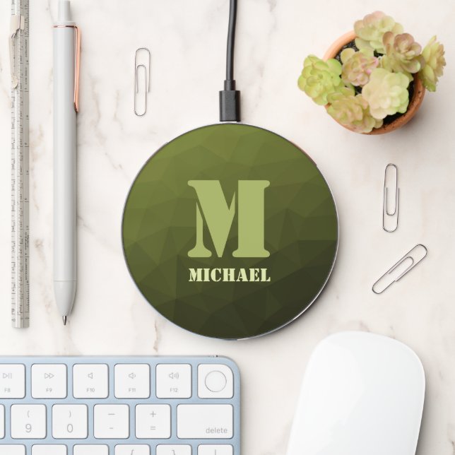 Army green olive geometric mesh pattern Monogram Wireless Charger (Desk)