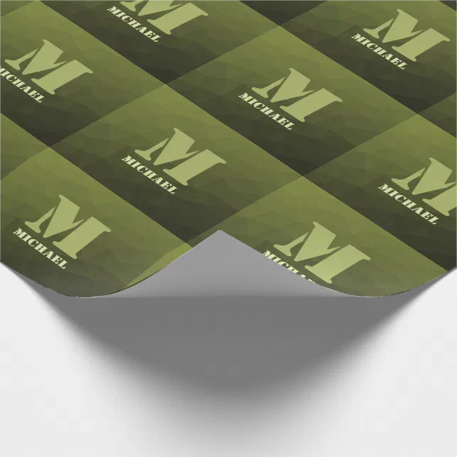 Army green olive geometric mesh pattern Monogram Wrapping Paper (Corner)