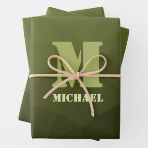Army green olive geometric mesh pattern Monogram Wrapping Paper Sheets