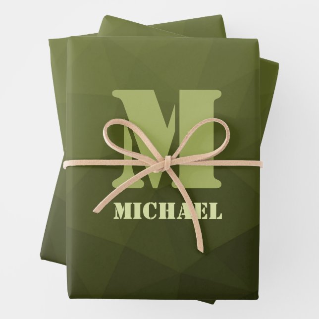 Army green olive geometric mesh pattern Monogram Wrapping Paper Sheets (In situ)