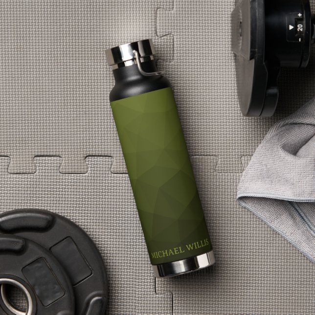Army green olive geometric mesh Your Custom name Water Bottle (Gym)