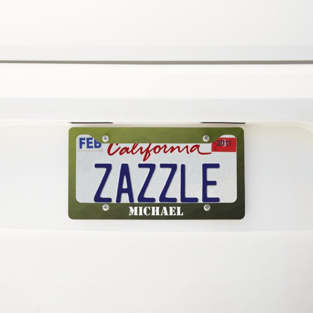 Army green olive gradient geometric mesh Monogram License Plate Frame (On Car)