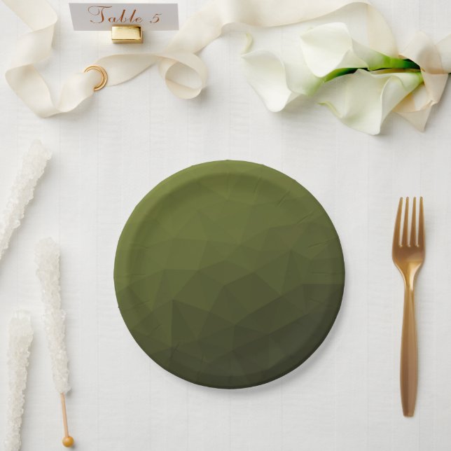 Army green olive gradient geometric mesh pattern paper plates (Wedding)