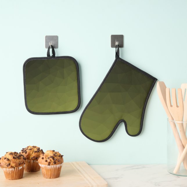 Army green ombre gradient geometric mesh pattern oven mitt & pot holder set (Insitu(Hanging))