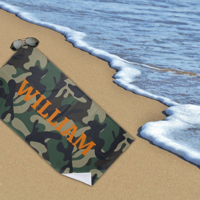 Army Green Orange Name Camo Beach Towel (Creator Uploaded)