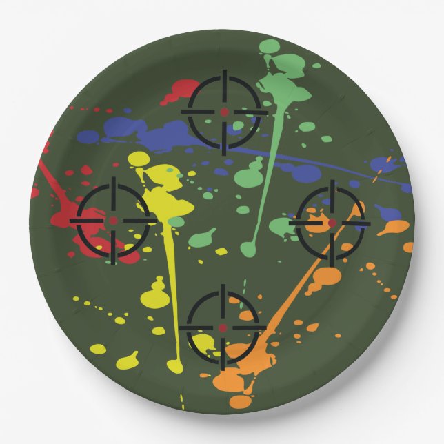 Army Green Paintball Party Paint Splatter Paper Plates (Front)