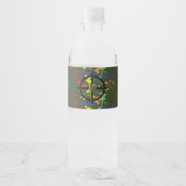 Army Green Paintball Party Splatter Target Water Bottle Label (Front)