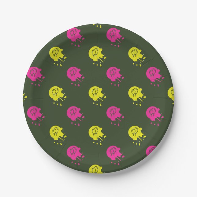 Army Green - Pink & Yellow Paintball Party Paper Plates (Front)