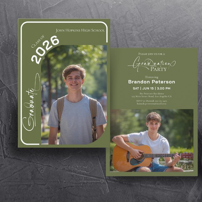 Army Green Simple Two Photo Graduation Party Invitation (Creator Uploaded)