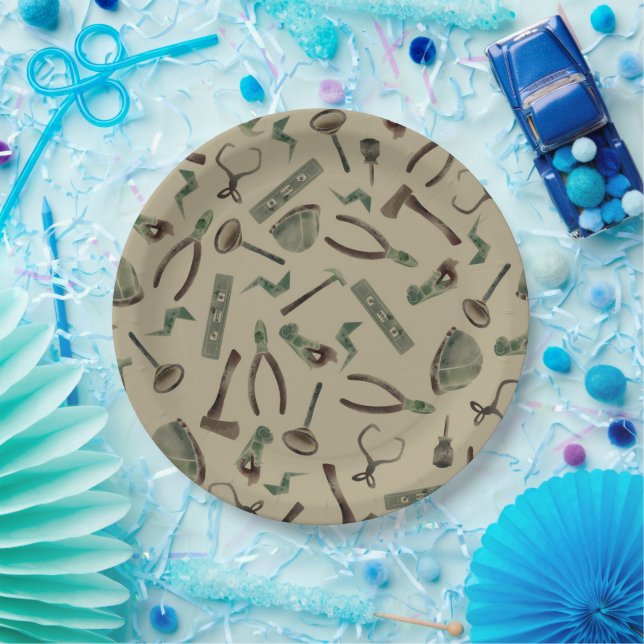 Army Green Watercolor Construction Tools Paper Plates (Party)