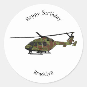 Army helicopter cartoon illustration  classic round sticker