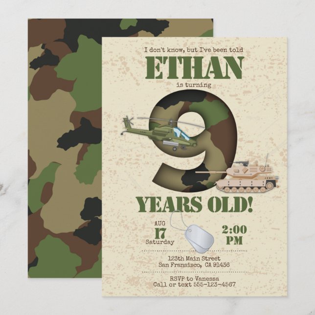 Army Invitation - 9th Birthday Invitation (Front/Back)