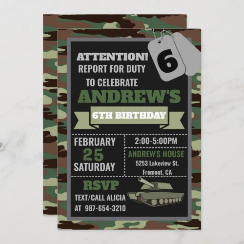 Army invitation Camo military birthday invitation