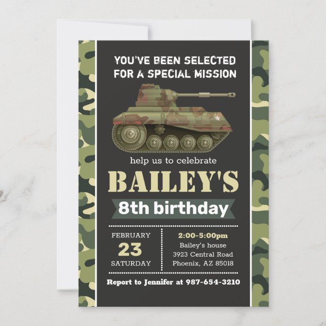 Army invitation, Camo military birthday invitation (Front)