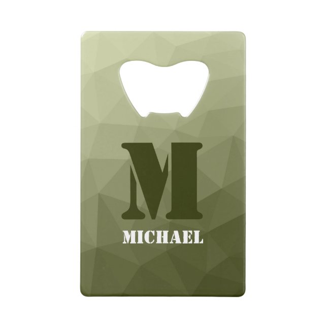 Army light green geometric mesh pattern Monogram Credit Card Bottle Opener (Front)
