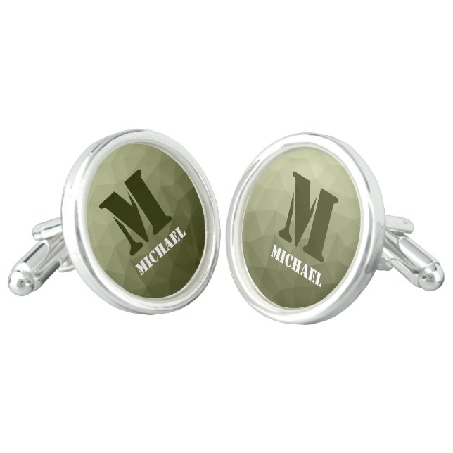 Army light green geometric mesh pattern Monogram Cufflinks (Angled)