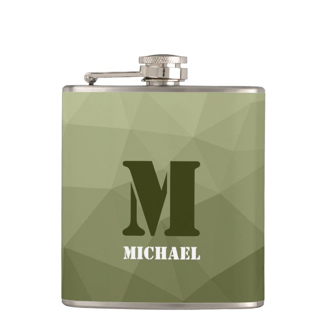 Army light green geometric mesh pattern Monogram Flask (Front)