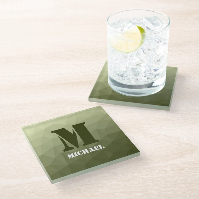 Army light green geometric mesh pattern Monogram Glass Coaster (Angled)