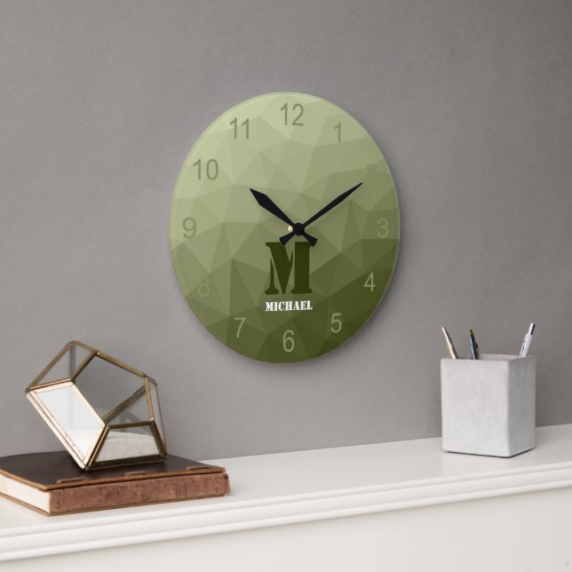 Army light green geometric mesh pattern Monogram Large Clock (Office)