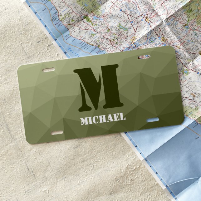 Army light green geometric mesh pattern Monogram License Plate (In Situ)