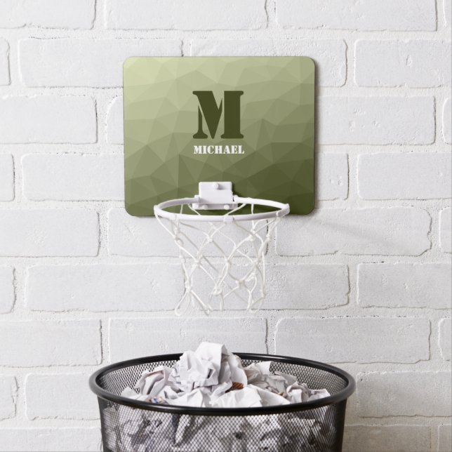 Army light green geometric mesh pattern Monogram Mini Basketball Hoop (In Situ)