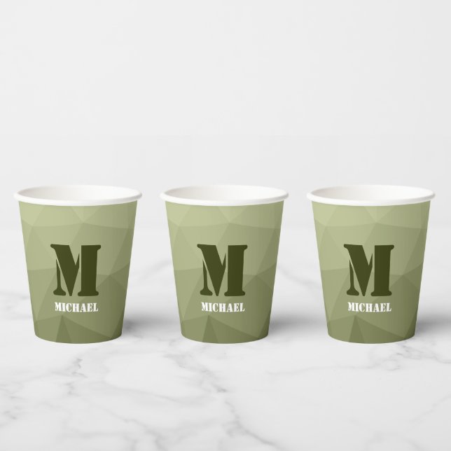 Army light green geometric mesh pattern Monogram Paper Cups (Multi)
