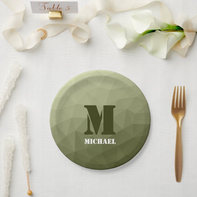 Army light green geometric mesh pattern Monogram Paper Plates (Wedding)