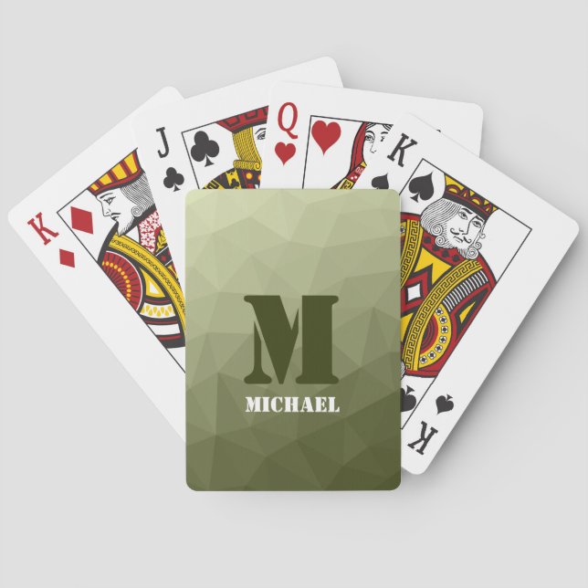 Army light green geometric mesh pattern Monogram Poker Cards (Back)