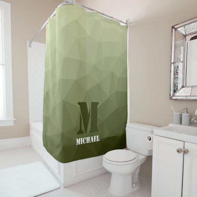 Army light green geometric mesh pattern Monogram Shower Curtain (In Situ)