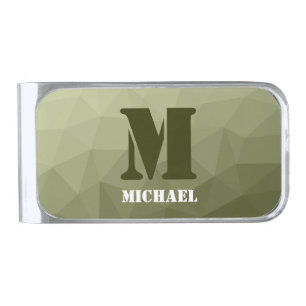 Army light green geometric mesh pattern Monogram Silver Finish Money Clip