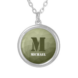 Army light green geometric mesh pattern Monogram Silver Plated Necklace