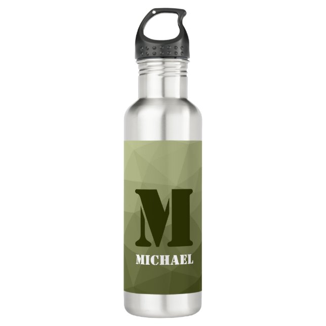 Army light green geometric mesh pattern Monogram Stainless Steel Water Bottle (Front)