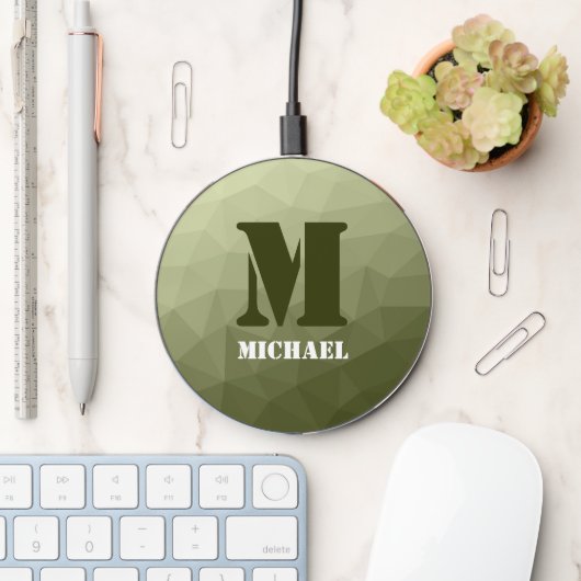 Army light green geometric mesh pattern Monogram Wireless Charger (Desk)