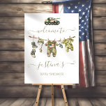 Army little soldier Clothesline Welcome Sign<br><div class="desc">Watercolor "A little soldier is on the way" Military Army Baby Shower clothesline with hunting icons such as camouflage shoes, overalls outfit, helmet, camo outfit, dog tags, tank, American flag and grenade, I recommend the size of 18x24 for a digital download to print at your local printer. This one is...</div>