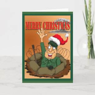 Army Man Waving with Santa Hat Holiday Card