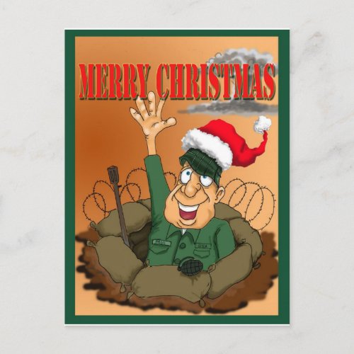 Army Man Waving with Santa Hat Holiday Postcard