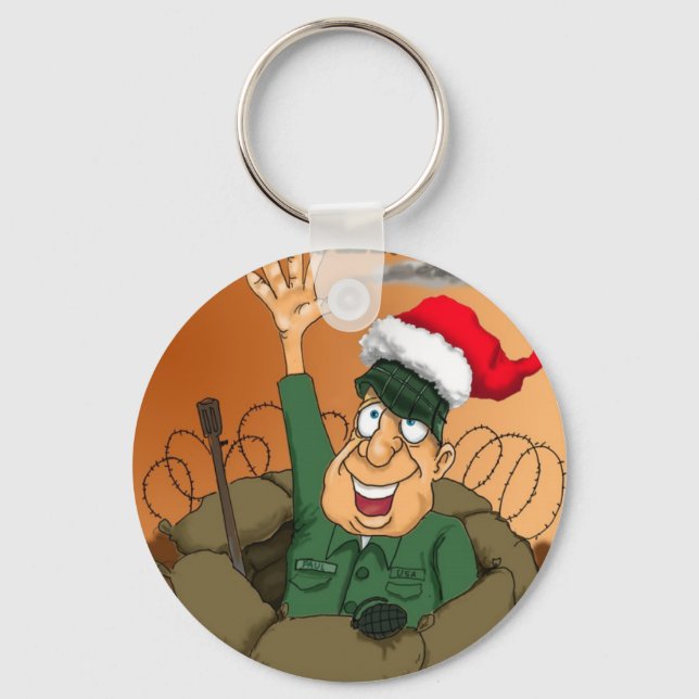 Army Man Waving with Santa Hat Keychain (Front)