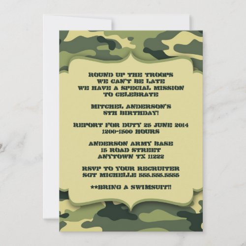 Army Military Camouflage Birthday Party Invite