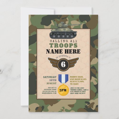 Army Military Troops Birthday Party Camo Invitation