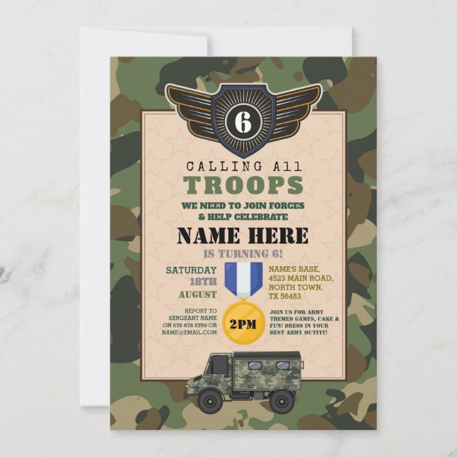 Army Military Troops Birthday Party Camo Invitation (Front)