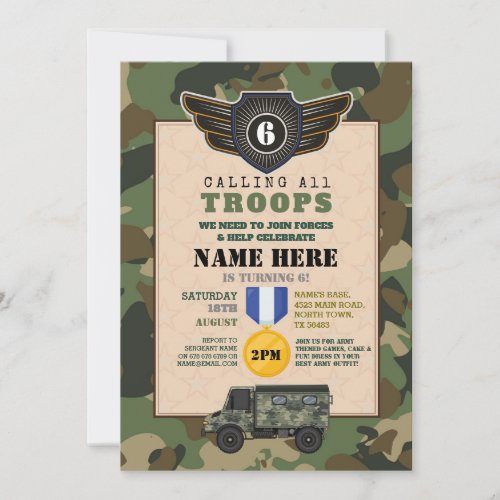 Army Military Troops Birthday Party Camo Invitation