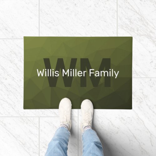 Army olive green geometric mesh pattern Monogram Doormat