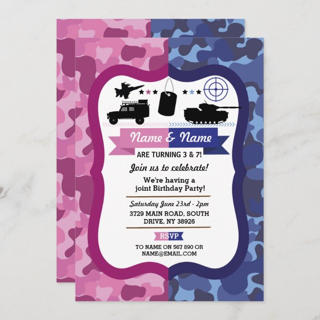 Army Pink & Blue Girls & Boys Birthday Party Invitation (Front/Back)