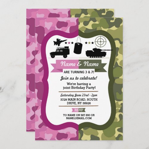 Army Pink  Green Girls  Boys Birthday Party Invitation