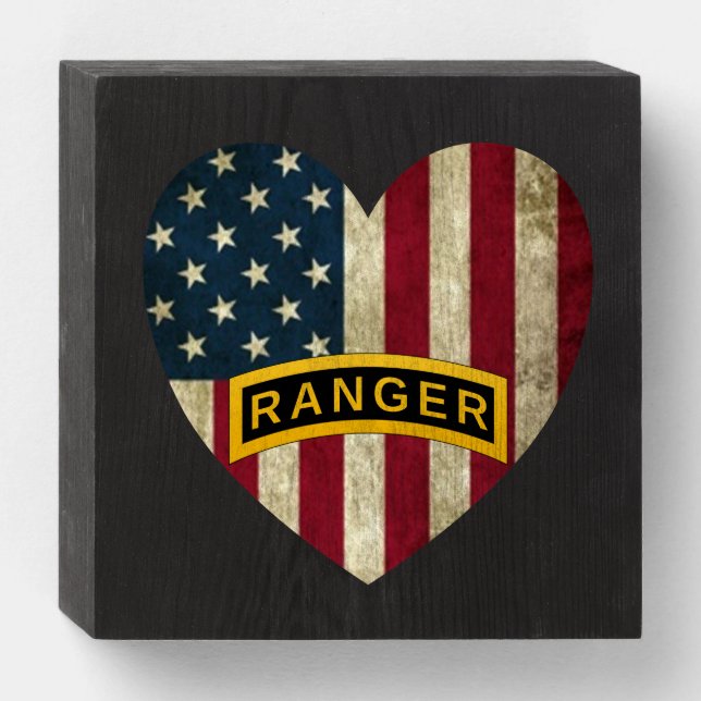 Army Ranger School Tab American Heart Flag Wooden Box Sign (Front Horizontal)