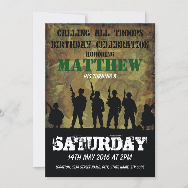 Army Rustic Camouflage Soldiers Kids Birthday Invitation (Front)