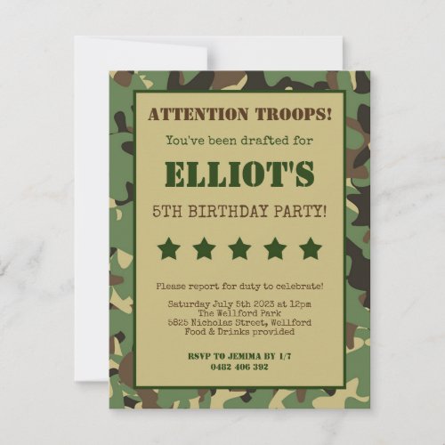 Army Soldier Military Birthday Invitation Invite